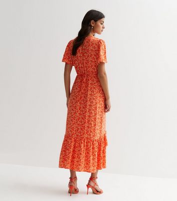 Orange Floral Flutter Sleeve Split Hem Midi Dress New Look