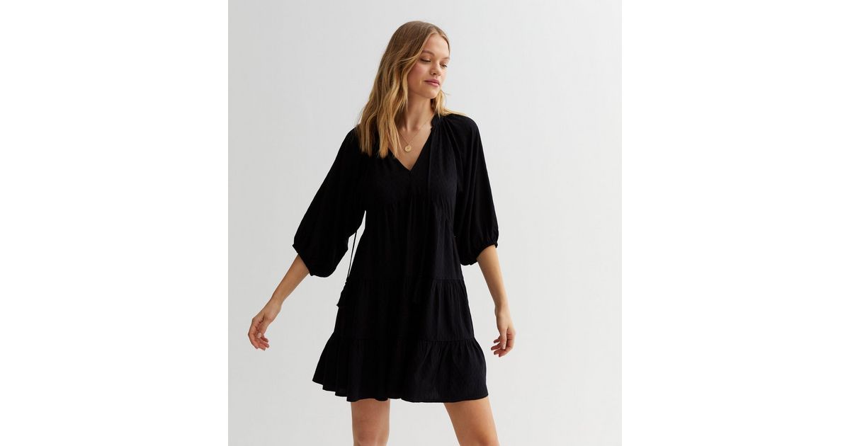 Black Textured Tiered Mini Smock Dress | New Look