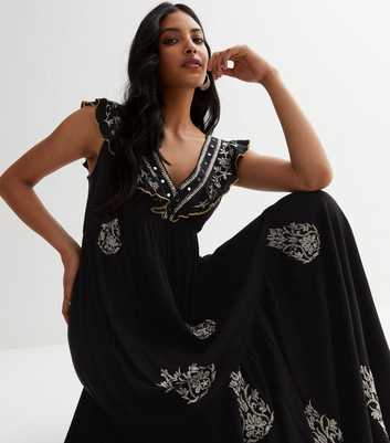 Black Embroidered Frill Sleeve Maxi Dress