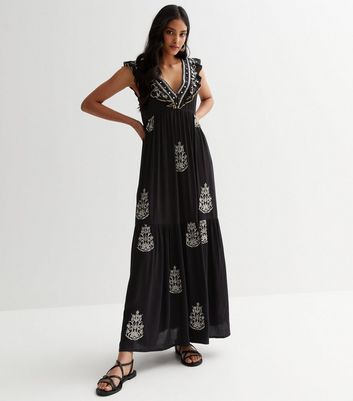 Black Embroidered Frill Sleeve Maxi Dress | New Look