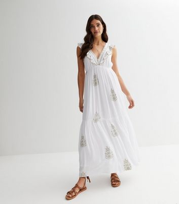 White Embroidered Frill Sleeve Maxi Dress New Look