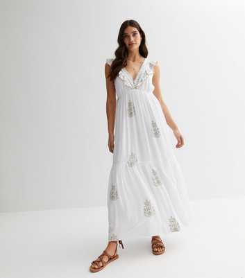 White Embroidered Frill Sleeve Maxi Dress