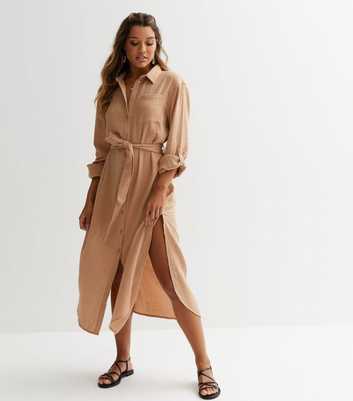 Stone Textured Belted Midi Shirt Dress