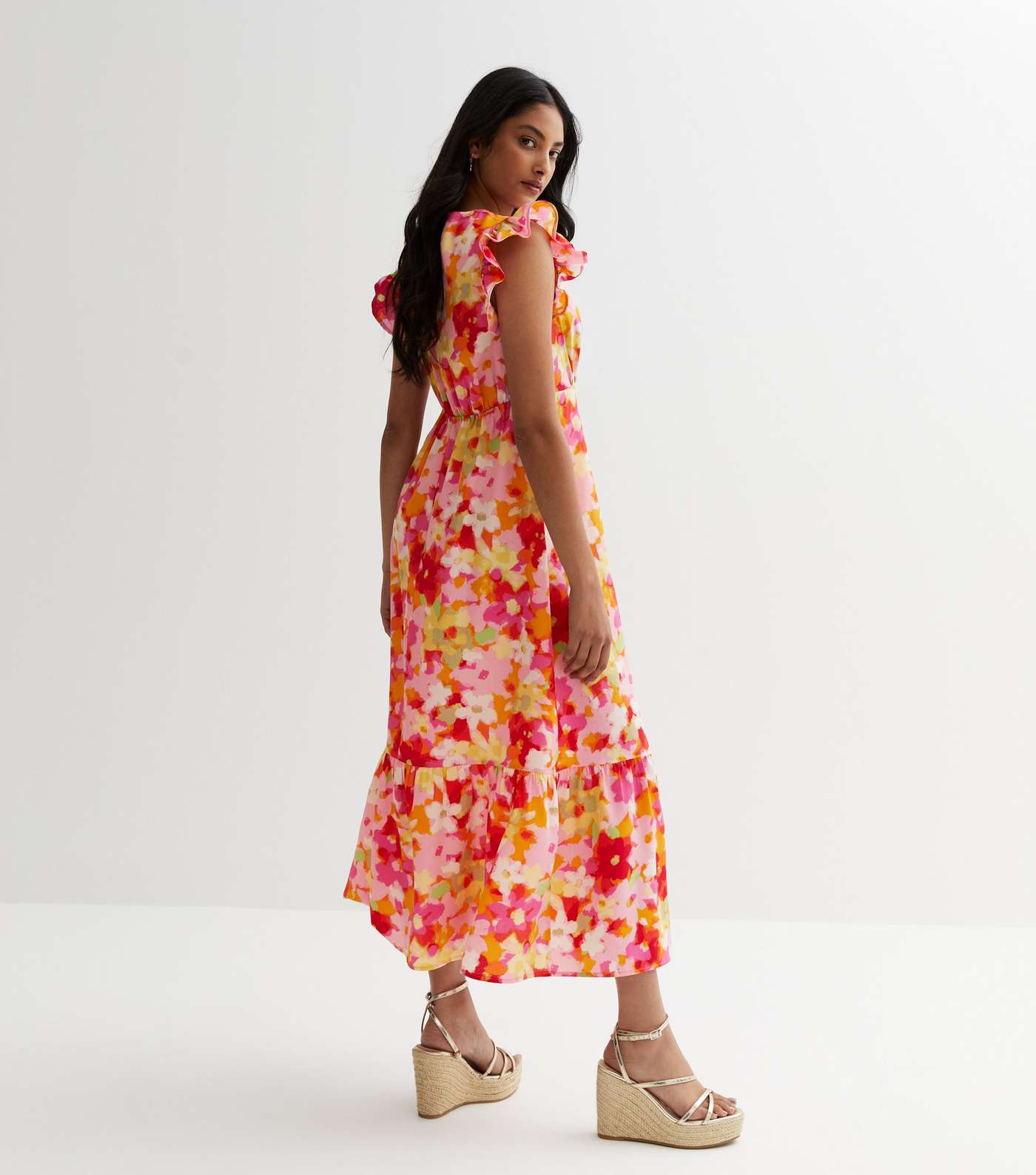 Pink Floral Frill Sleeve Maxi Dress Image 4