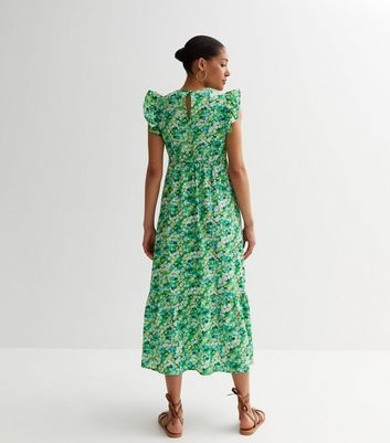 Green Abstract High Neck Tiered Hem Midaxi Dress New Look