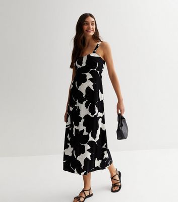 Black Abstract Floral Midi Slip Dress New Look