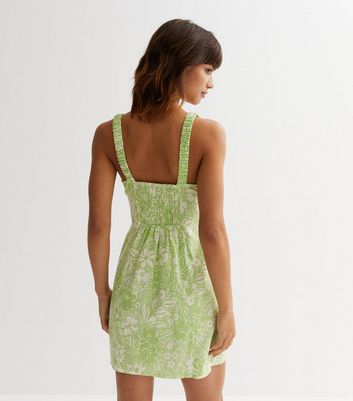 Green Floral Tie Front Mini Dress New Look