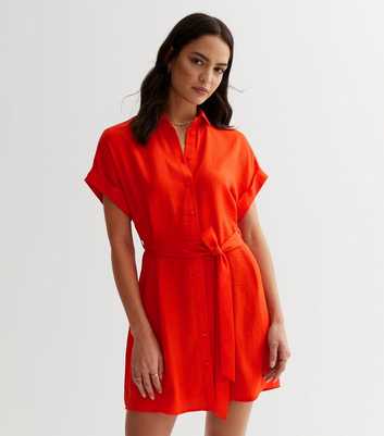 Red Belted Mini Shirt Dress