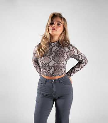 JUSTYOUROUTFIT Pale Grey Snake Print High Neck Long Sleeve Crop Top