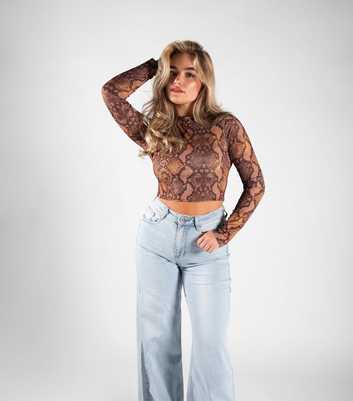 JUSTYOUROUTFIT Rust Snake Print High Neck Long Sleeve Crop Top