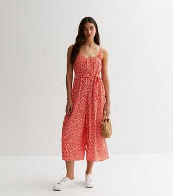 Red Ditsy Floral Belted Wide Leg Jumpsuit