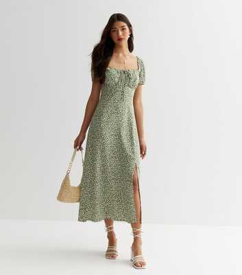 Green Ditsy Floral Tie Front Midi Dress