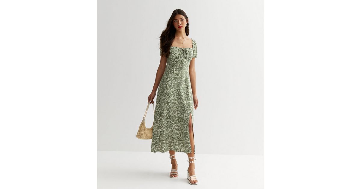 Green Ditsy Floral Tie Front Midi Dress | New Look