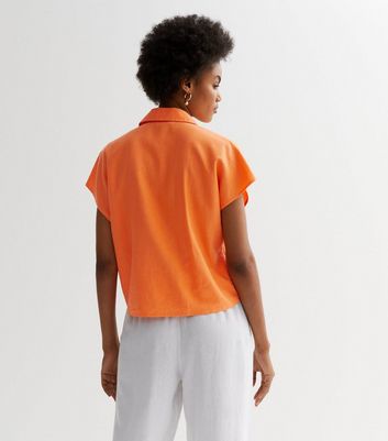 Bright Orange Linen Blend Tie Front Shirt New Look