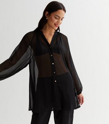 Black Chiffon Long Sleeve Shirt New Look