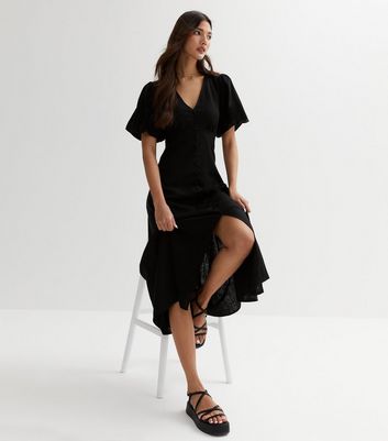 Black Linen Blend Puff Sleeve Midaxi Dress New Look