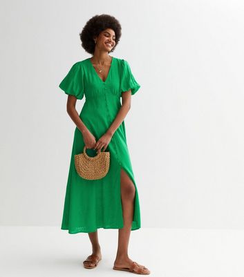 Green Linen Blend Puff Sleeve Midaxi Dress New Look