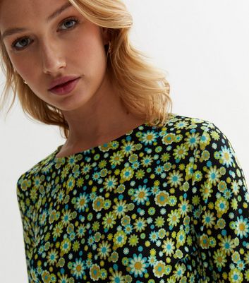 Influence Green Ditsy Floral Jersey Open Back Mini Dress New Look