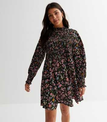 Influence Black Ditsy Floral Shirred High Neck Mini Dress