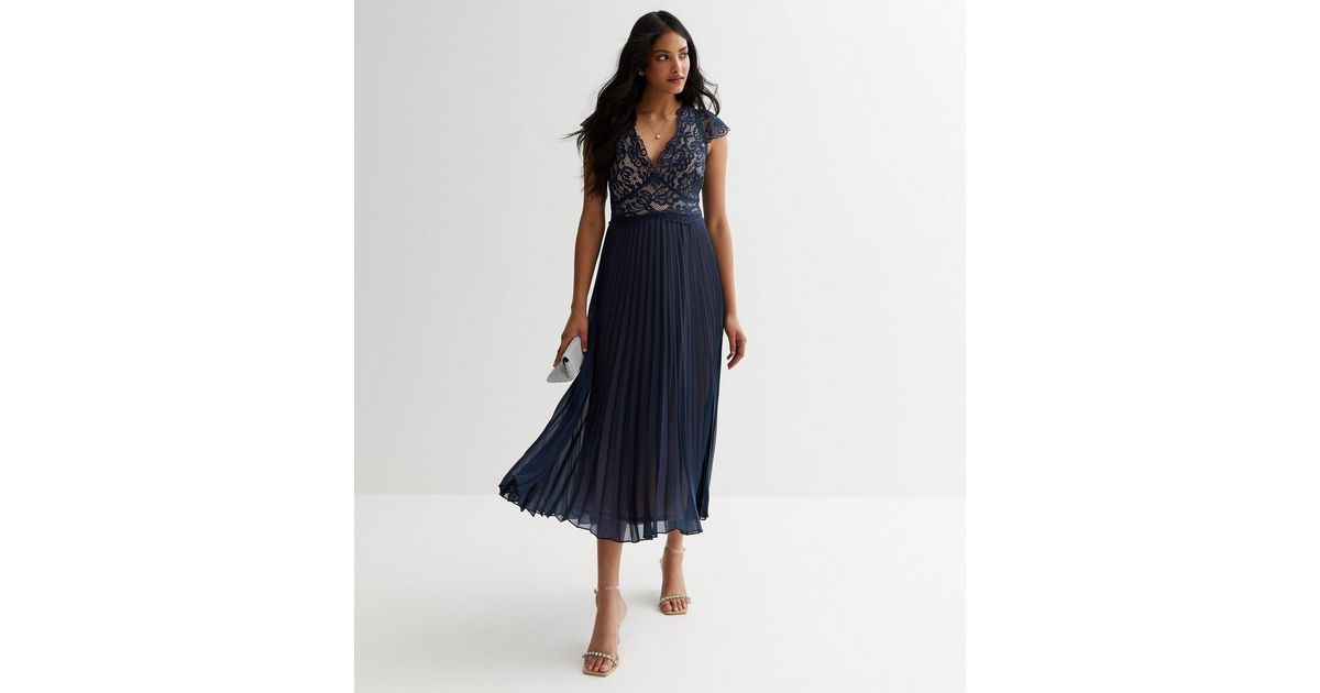 Navy Lace Pleated Midi Dress