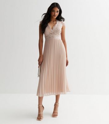 Pale Pink Lace Pleated Midi Dress New Look