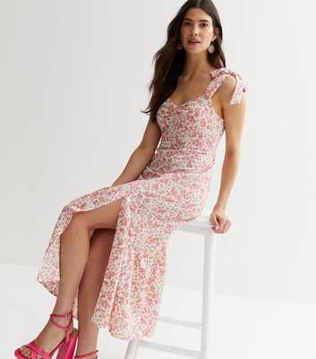 Pink Floral Tie Strap Midi Dress