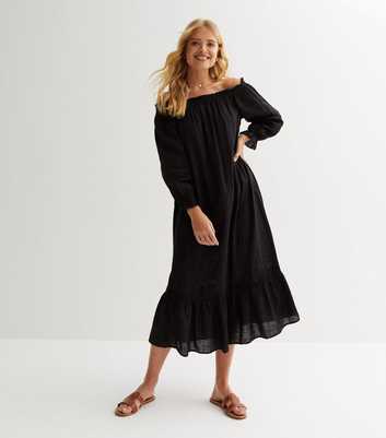 Black Bardot Puff Sleeve Midaxi Dress