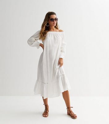 White bardot hot sale puff sleeve dress