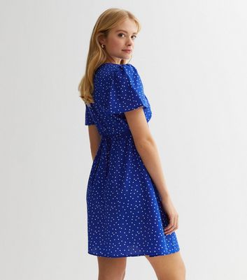 Blue Spotty V Neck Mini Dress | New Look