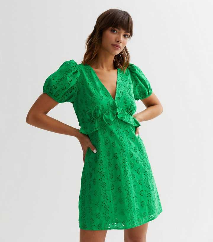 Green Cotton Broderie Frill Mini Dress