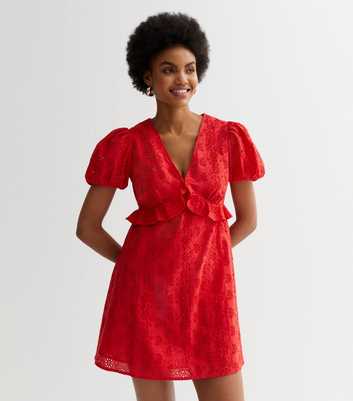 Red Broderie Frill Mini Dress