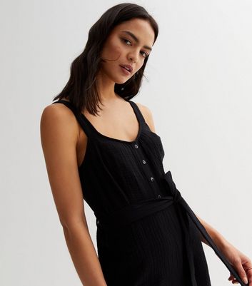 Black Textured Belted Playsuit New Look