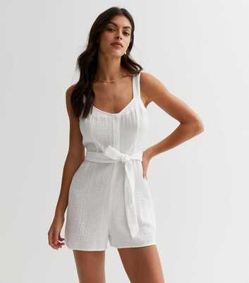 White Textured Belted Playsuit