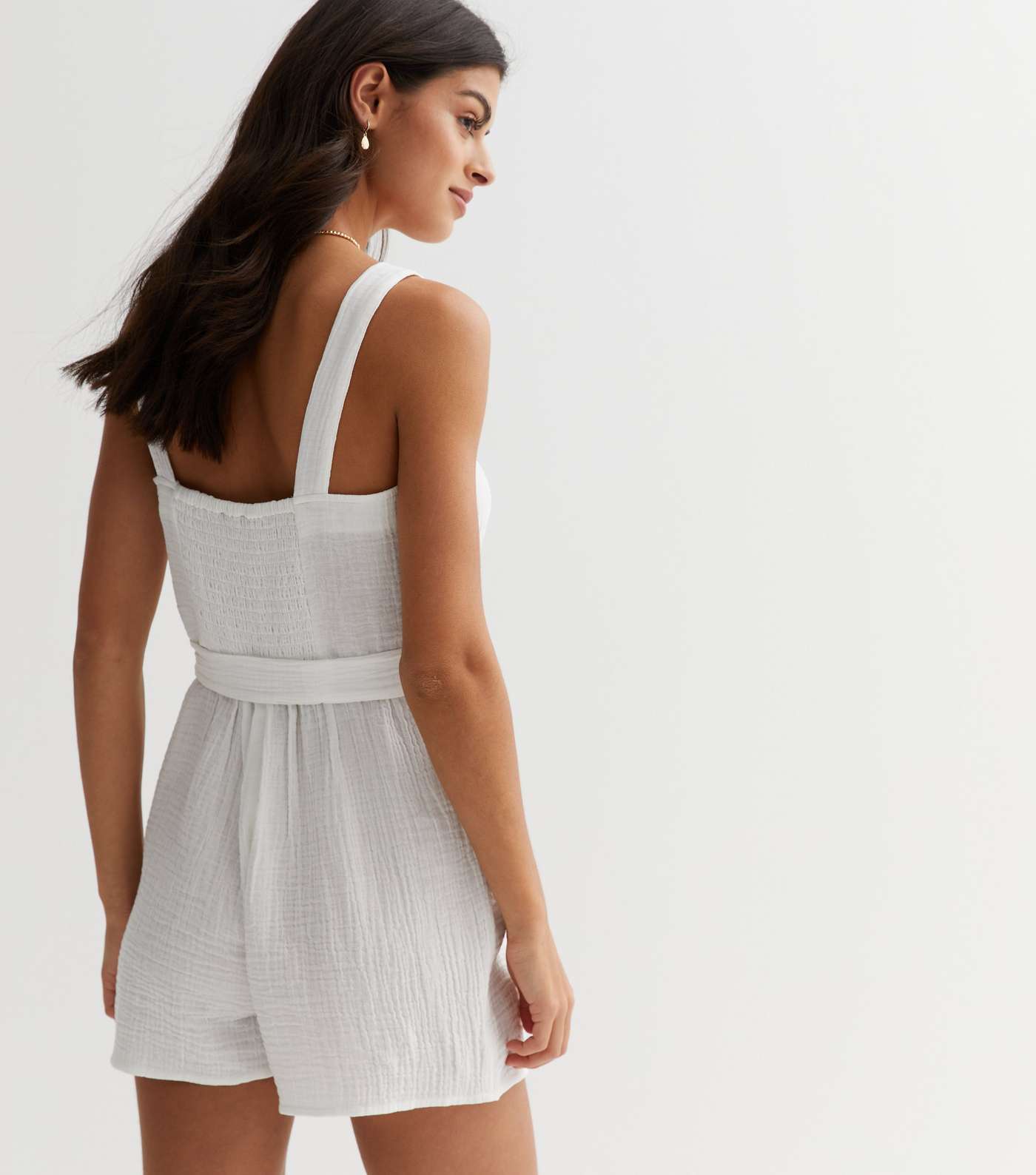 White Textured Belted Playsuit Image 4