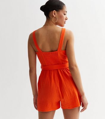 Bright Orange Textured Belted Playsuit New Look