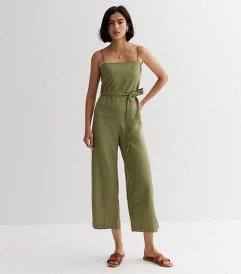 Olive Linen Blend Wide Leg Crop Jumpsuit | New Look