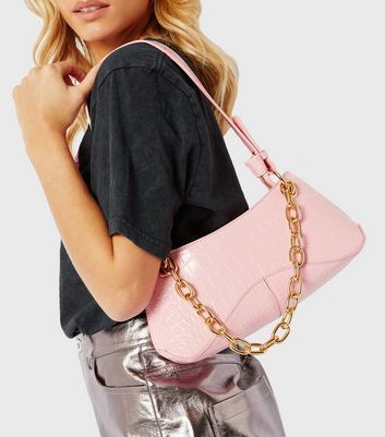 Skinnydip Bright Pink Faux Croc Chain Shoulder Bag