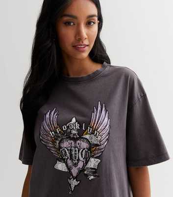 Dark Grey Brooklyn Heart Wings Oversized Logo T-Shirt