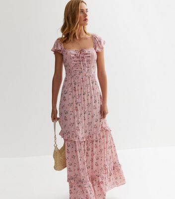 Pink Floral Square Neck Frill Maxi Dress New Look