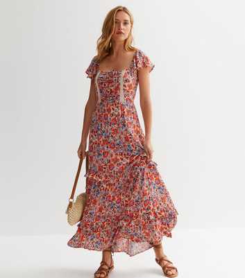 Orange Floral Square Neck Frill Maxi Dress