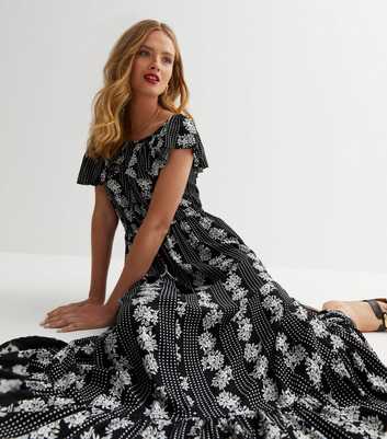 Black Floral Spot Bardot Maxi Dress