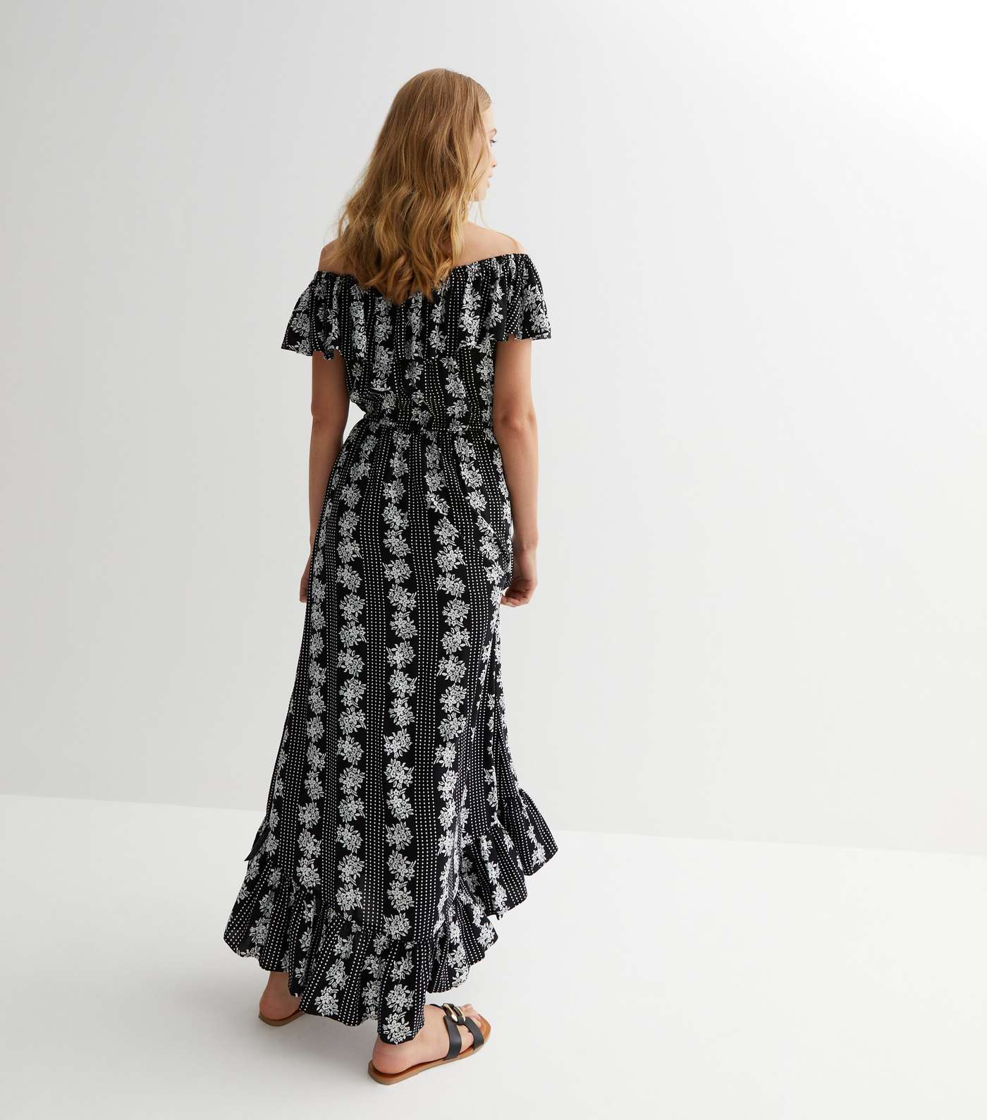 Black Floral Spot Bardot Maxi Dress Image 4