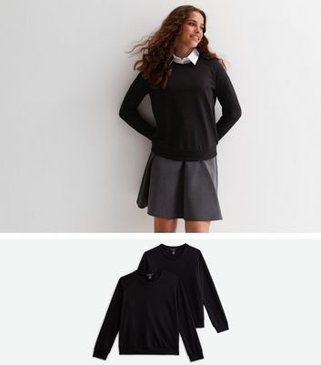 Girls 2 Pack Black Fine Knit Crew Neck School Jumpers | New Look