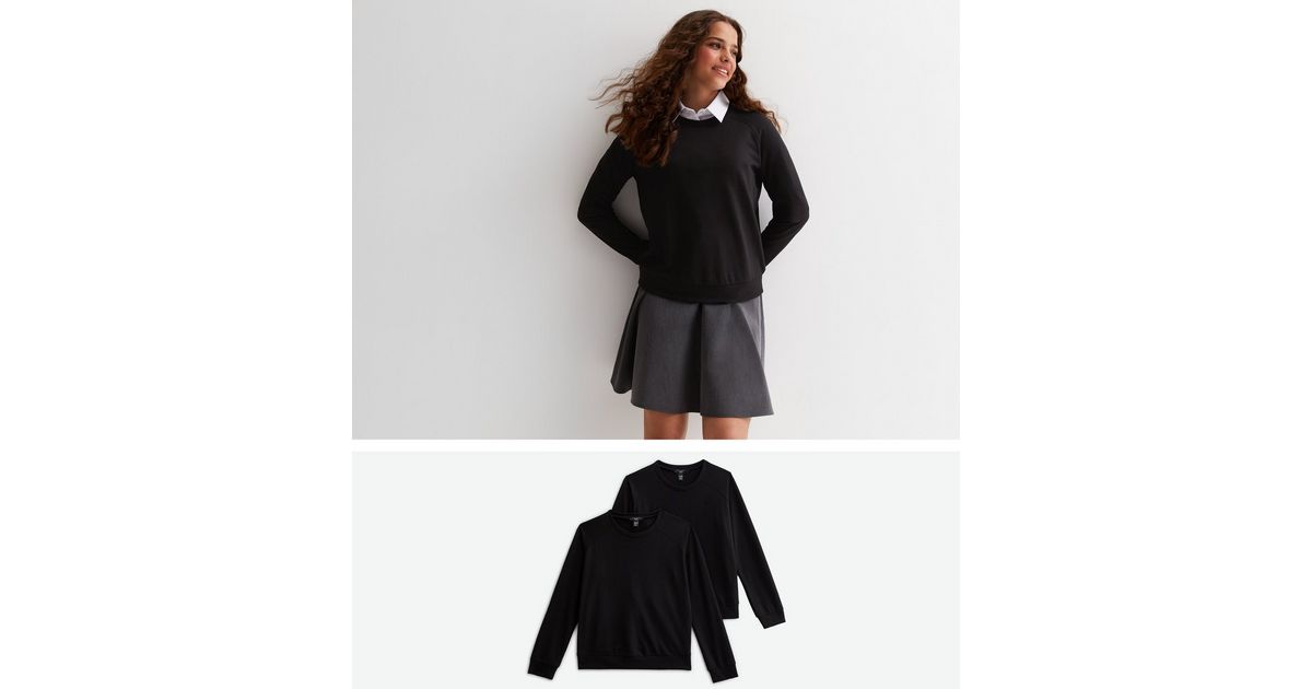 Girls 2 Pack Black Fine Knit Crew Neck School Jumpers | New Look