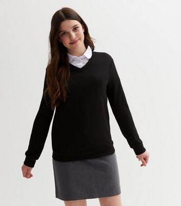 Girls black v shop neck school jumper