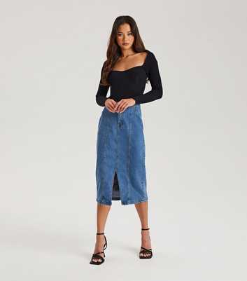 Curves Blue Denim Split Hem Maxi Skirt