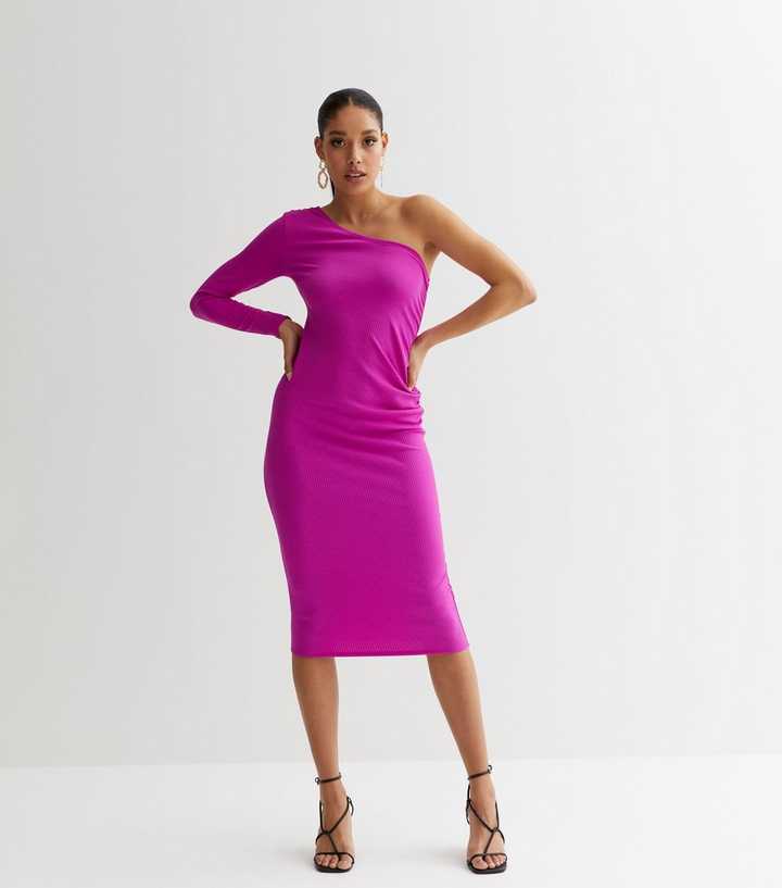 Purple Ribbed One Shoulder Ruched Midi Bodycon Dress