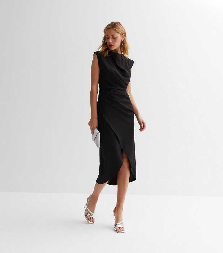 Black High Neck Asymmetric Midi Wrap Dress | New Look