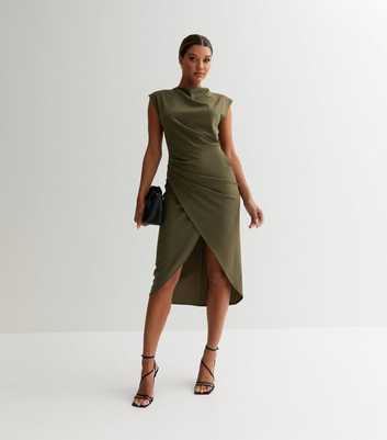 Khaki High Neck Asymmetric Midi Wrap Dress