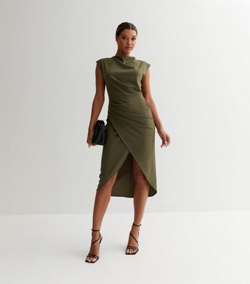 Khaki High Neck Asymmetric Midi Wrap Dress | New Look